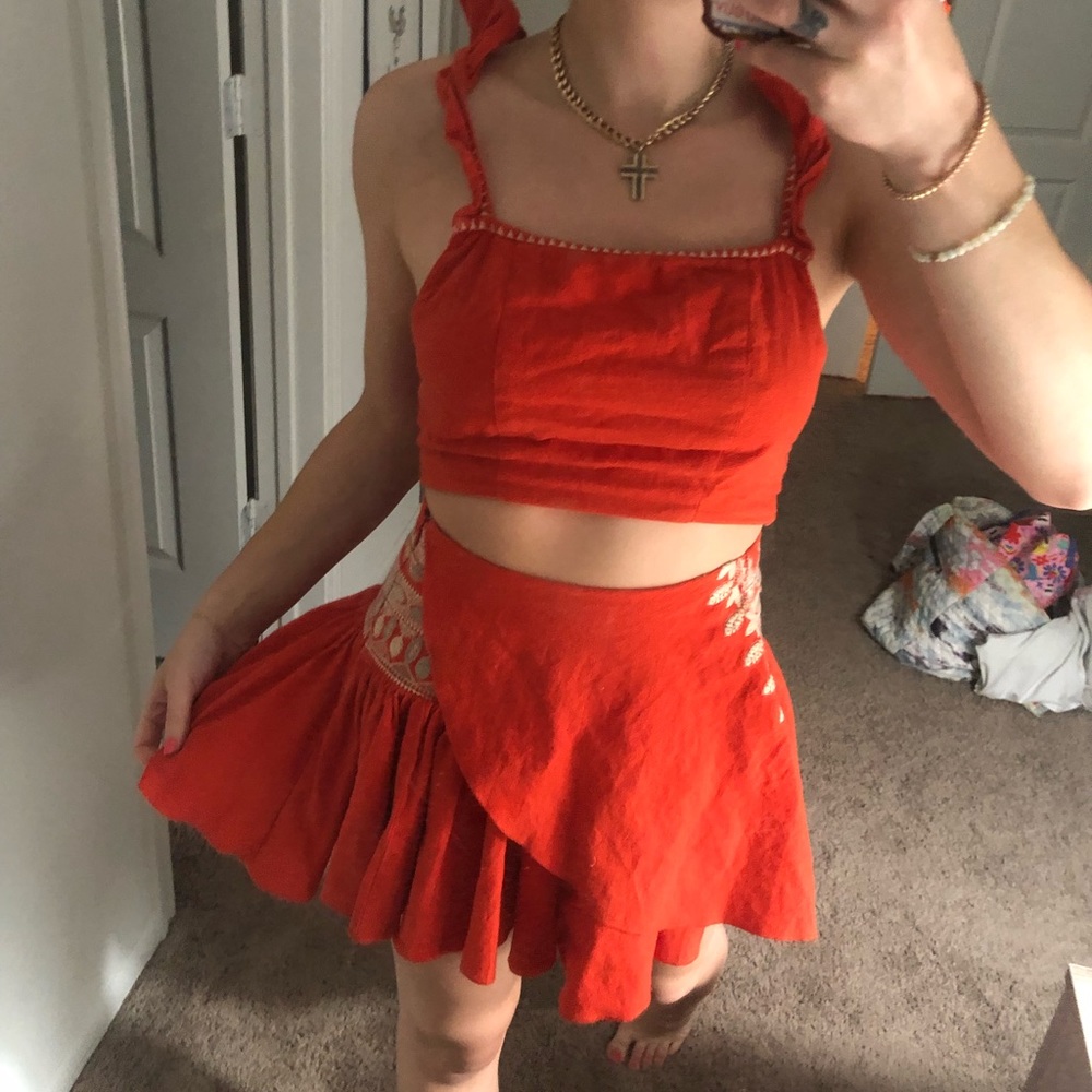 Free people red two piece set crop top and skort